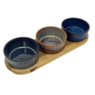 Set of 3 Round Ceramic Snack Bowls with Acacia Wood Serving Tray - 28cm