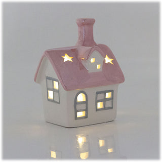 Christmas LED House Ornament | Pink Roof Ceramic LED House Light up Decoration