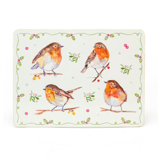 Set Of 4 Winter Robins & Holly Table Placemats | 4 Piece Festive Robins And Mistletoe Cork Dining Table Mats | Christmas Placemat