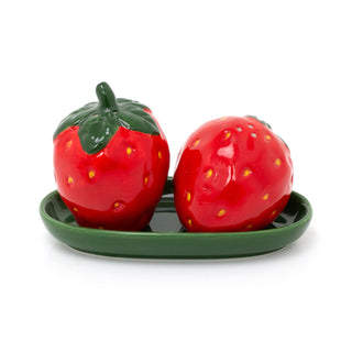 Strawberry Salt & Pepper Shakers | Novelty Fruit Ceramic Cruet Set with Tray