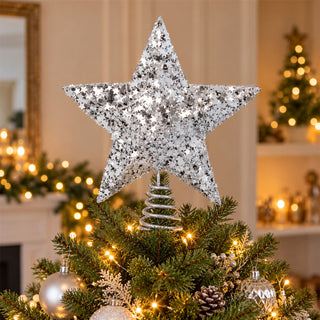 Silver Star Confetti Christmas Tree Topper, Gisela Graham Glitter Star 29cm