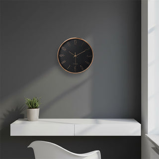 Black & Rose Gold Wall Clock, 30cm Round Wood Effect Quartz Wall Mounted Clock