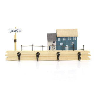 34cm Nautical Wall Mounted 4 Hanger Hooks | Beach Wooden Hanger Rack | Decorative Coastal Scene Peg Hooks - Design Varies One supplied