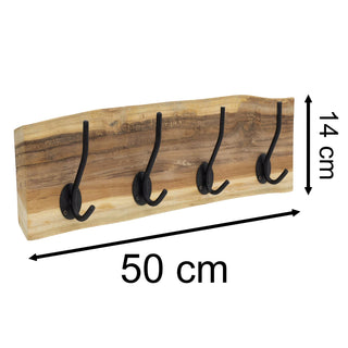 Teak Wall Mounted Coat Rack, 50cm Wooden Wall Mounted Storage Rail 4 Metal Hooks