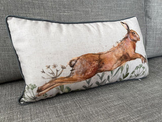 Leaping Hare Rectangle Scatter Cushion | Animal Fabric Filled Sofa Cushion | Rabbit Bed Throw Pillow With Cover