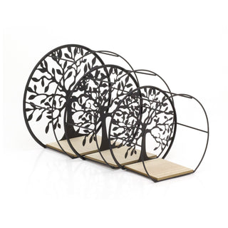 Set Of 3 Tree Of Life Wall Mounted Wooden Display Shelf | 3 Piece Black Metal Storage Shelves | Round Wall Shelves