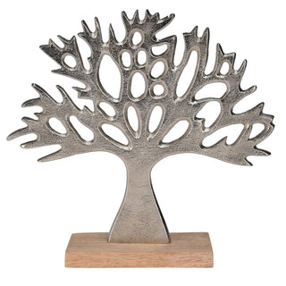 Tree of Life Ornament, 24cm Silver Metal Tree Sculpture on Mango Wood Base