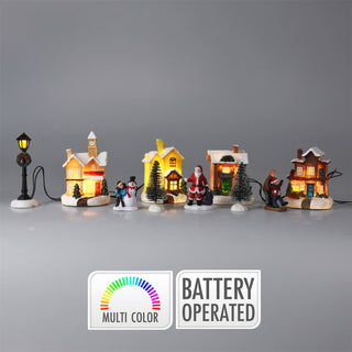 LED Christmas Village Scene, 10-Piece Light-Up Christmas Village Set 4 Houses