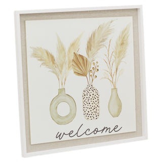 40cm White Wooden Welcome Sign House Plaque | Botanical Pampas Grass Large Decorative Welcome Plaque | Shabby Chic Home Accessories