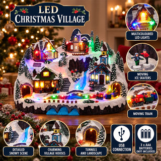 LED Christmas Village with Moving Train and Ice Skaters, Snowy Winter Scene