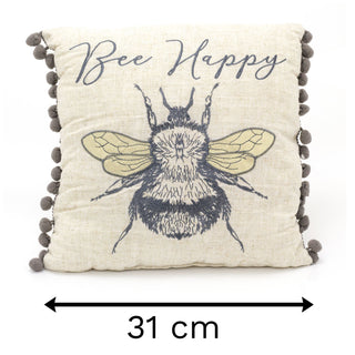Bee Happy Pompom Scatter Cushion | Honey Bee Fabric Filled Sofa Cushion | Bumble Bee Bed Throw Pillow With Cover - 31cm