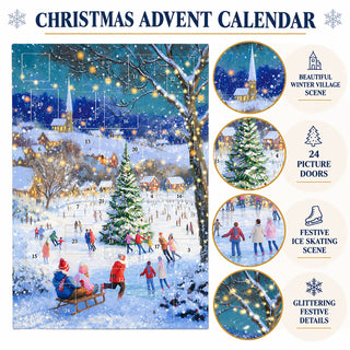 Skating by the Tree Christmas Advent Calendar, Snowy Village Ice Skating Scene
