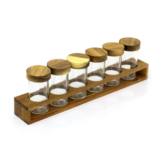 Free Standing Spice Rack & 6 Glass Jars | Set of 6 Glass Jars In Acacia Holder
