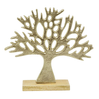 Tree of Life Ornament, 24cm Gold Metal Tree Sculpture on Mango Wood Base