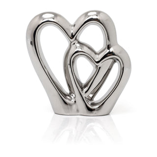 15cm Elegant Silver Heart Ornament Decoration | Ceramic Silver Double Heart Sculpture | Dual Love Heart Ornament Valentines Anniversary Wedding Gifts