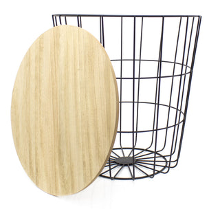 Round Wooden Top Black Wire Occasional Side Table ~ Modern Storage Bedside Table With Lid