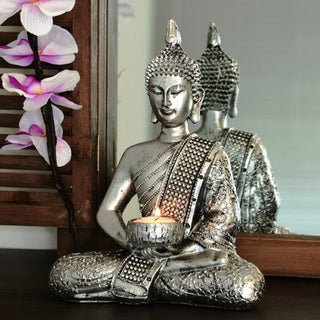 Silver Sitting Jewel Buddha Statue Tealight Holder | Polyresin Buddha Ornament