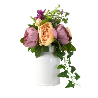 Faux Dusky Peonies & Blooms in White Ceramic Vase | Artificial Bouquet and Vase