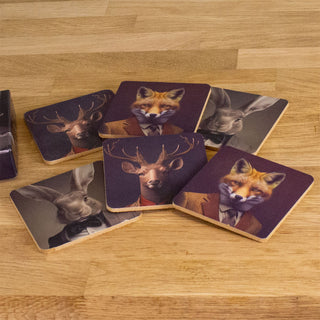 Set of 6 Forest Animal Head Coasters | Animal Cork Backed Coaster Set - 10cm