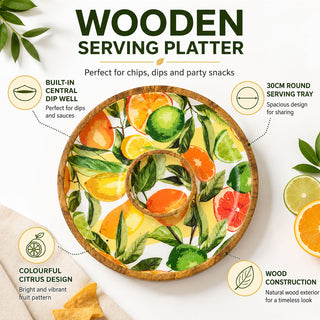 Citrus Chip and Dip Serving Platter, 30cm Wooden Round Serving Tray for Nibbles
