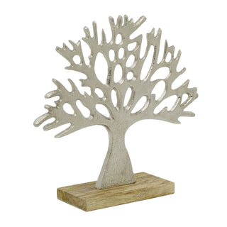 Tree of Life Ornament, 24cm Silver Metal Tree Sculpture on Mango Wood Base