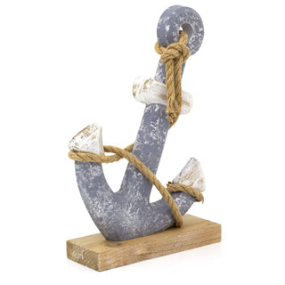 Nautical Wooden Anchor Ornament | Rustic Wooden Ship Boat Anchor On Stand - 27cm