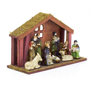 11 - Piece Traditional Nativity Set with 10 Ceramic Figures & Wooden Stable - 30cm