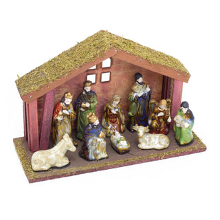 11 - Piece Traditional Nativity Set with 10 Ceramic Figures & Wooden Stable - 30cm