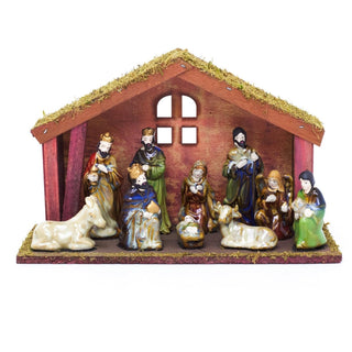 11 - Piece Traditional Nativity Set with 10 Ceramic Figures & Wooden Stable - 30cm