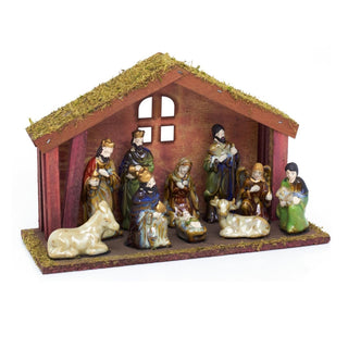 11 - Piece Traditional Nativity Set with 10 Ceramic Figures & Wooden Stable - 30cm