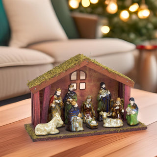 11 - Piece Traditional Nativity Set with 10 Ceramic Figures & Wooden Stable - 30cm