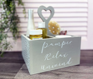 Shabby Chic Pamper Storage Crate | Grey Wooden Bathroom Caddy | Polka Dot And Heart Beauty Box Crate