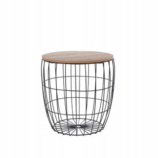 Set Of 3 Round Black Metal Side Tables | Wooden Top Storage Basket End Tables
