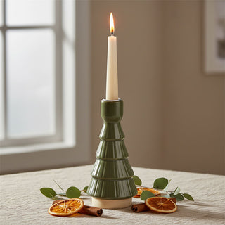Christmas Tree Candle Holder, 16cm Green Candlestick Holder with Metal Cup