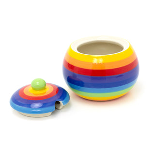 Hand Painted Rainbow Stripe Ceramic Sugar Bowl | Multicoloured Sugar Pot Sugar Container | Lidded Condiment Pot Sugar Jar