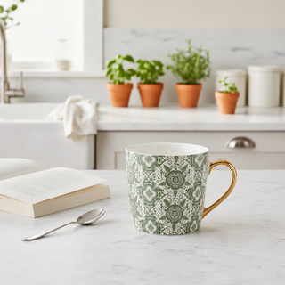 Tudor Rose Mug, 330ml Green Ceramic Tea Mug with Gold-Coloured Handle