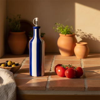 Striped Cruet Bottle, 26cm Ceramic Blue White Oil Pourer, 450ml Refillable Spout