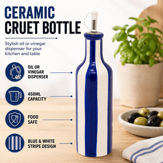 Striped Cruet Bottle, 26cm Ceramic Blue White Oil Pourer, 450ml Refillable Spout
