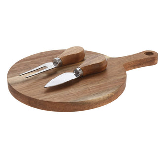 Acacia Cheese Board with Knife & Fork | 3-Piece Wooden Cheese Serving Set