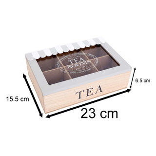 Tea Rooms Wooden Tea Box Caddy | 6 Compartment Tea Bag Storage Kitchen Organiser