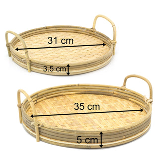 Set Of 2 Bamboo Serving Tray | 2 Piece Round Wooden Tray With Handles | Kitchen Tea Coffee Tray Breakfast Tray