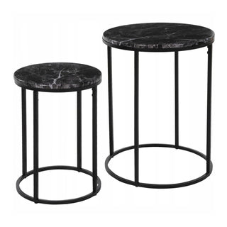 Set Of 2 Black Metal Side Tables Marble Effect Tops 2 Piece Round Nesting Tables