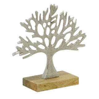 Tree of Life Ornament, 16.5cm Silver Metal Tree Sculpture on Mango Wood Base