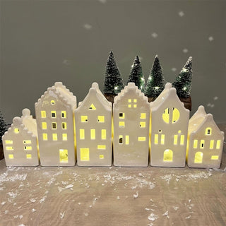 15cm White Ceramic LED Christmas House | Light - Up Ornament | Design Varies