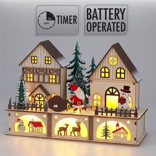 LED Christmas Village Decoration, 27cm Wooden Light Up Houses with 6/18h Timer