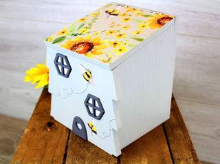 Pretty Beehive Storage Box | Grey Wooden Bee House Caddy | Decorative Bee Hive Storage Box