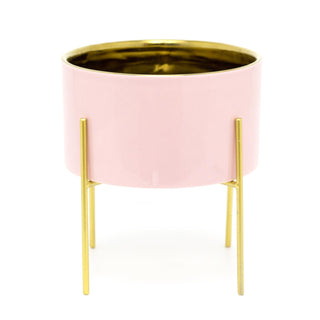 Pink And Gold Ceramic Cache Plant Pot Planter With Stand