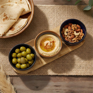 Set of 3 Round Ceramic Snack Bowls with Acacia Wood Serving Tray - 28cm