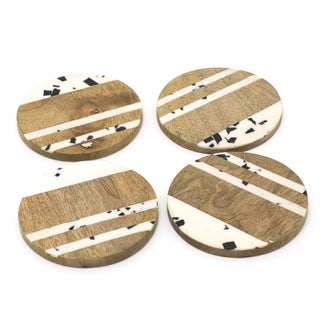 Set Of 4 Wooden Coasters With Holder | Square Cup Mug Table Mats | Drinks Coaster Set