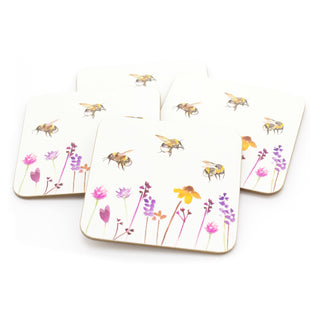 Set Of 4 Busy Bees Floral Coasters | Honey Bee Square Coaster Set | Bumble Bee Cup Mug Table Mats